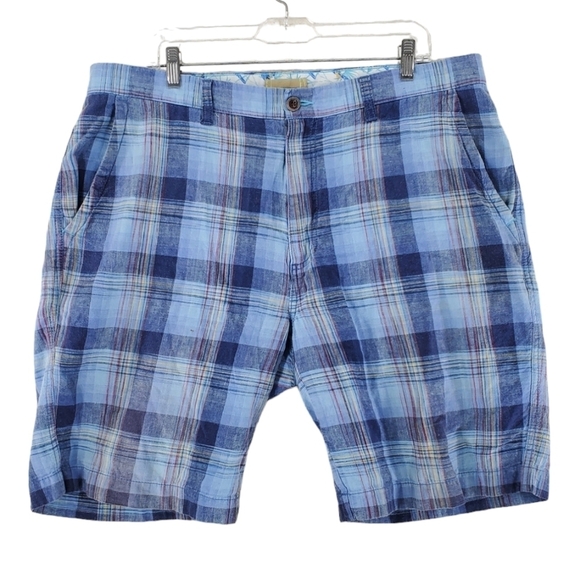 Caribbean Shorts Mens 38x9.5 Linen Blend Blue Gray Plaid Casual - Picture 1 of 12